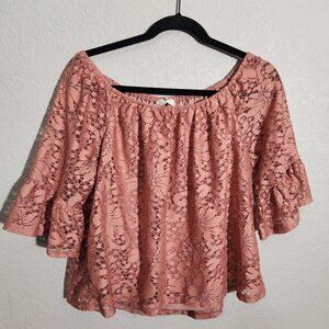 Meraki Womens Large Off-Shoulder Lace Blouse Bell Sleeves Mauve Crop top